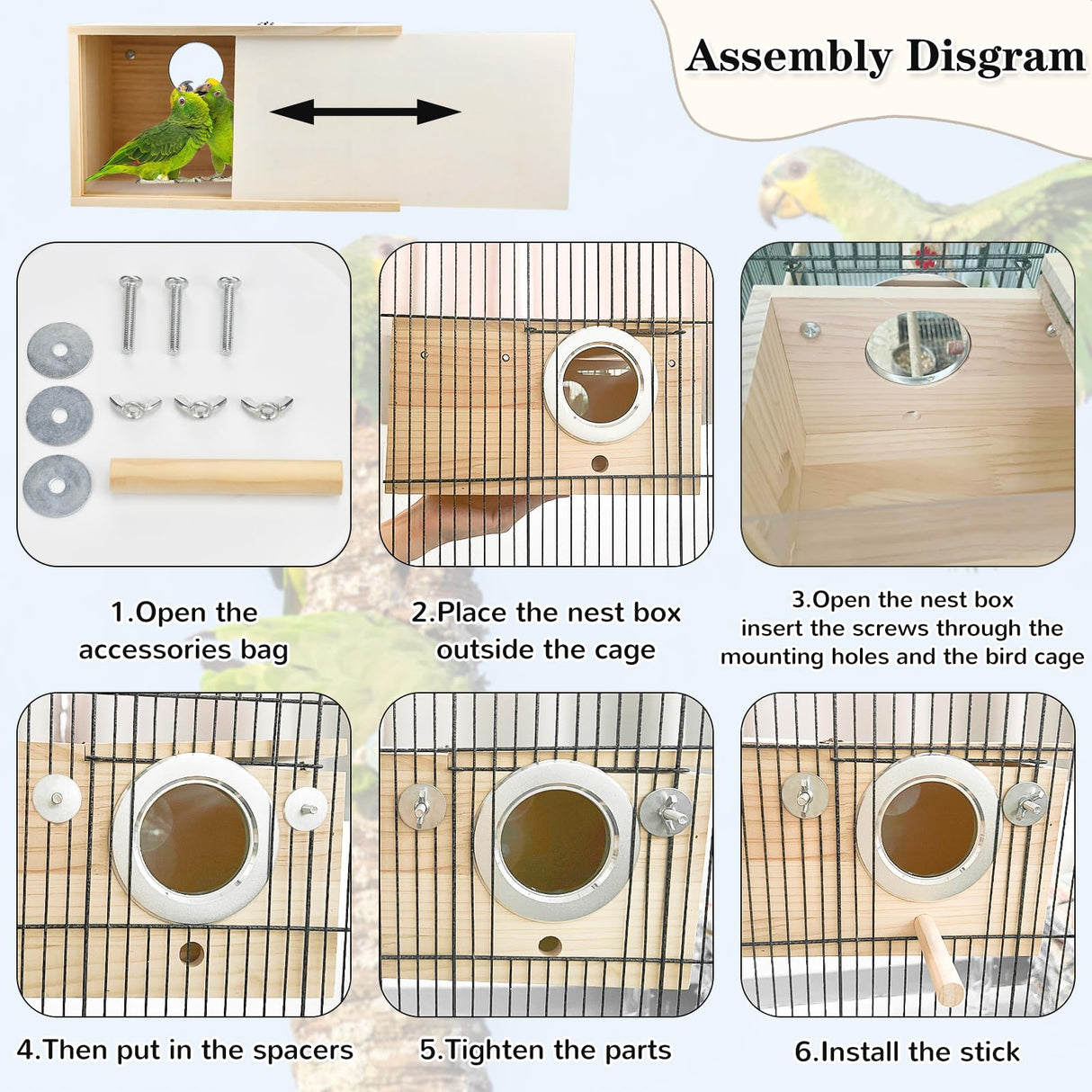 CooShou Parakeet Nesting Box Cockatiel Nesting Natural Pine Bird Nest Bird Breeding Box House Acrylic Transparent Bird Box with Detachable Wooden Board for Lovebirds Cockatiel Budgie Conure Parrot XL