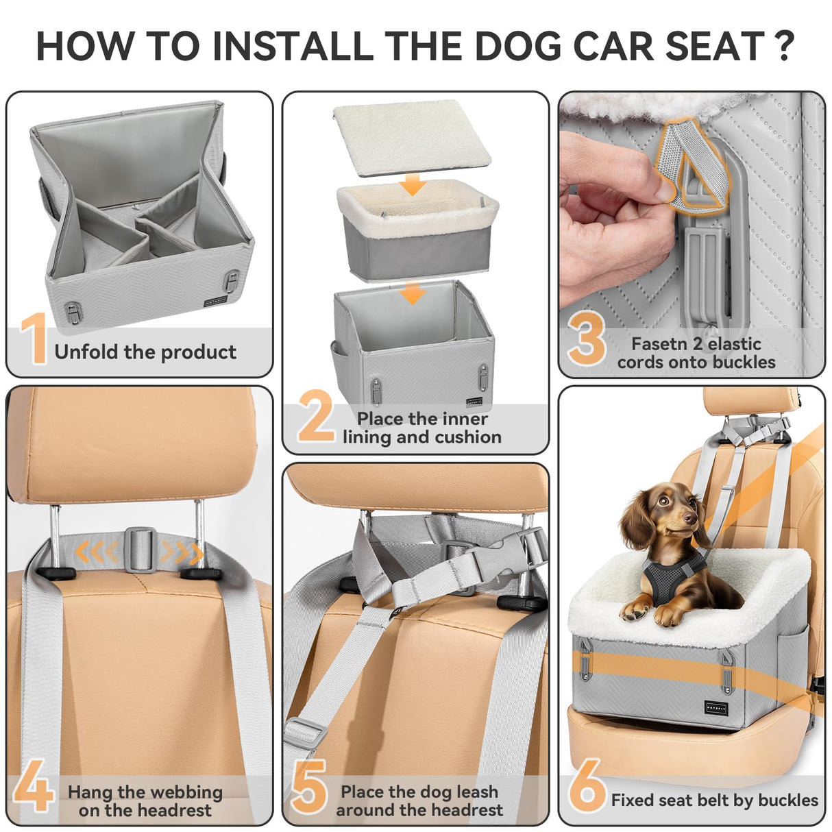 PETSFIT Small Dog Car Seat, Waterproof PU Leather Dog Booster Car Seat with Patented Safe Buckles, Pet Carseat for Medium or Small Sized Pets up to 30 lbs (Grey)