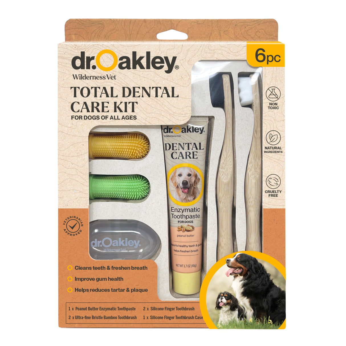 Dr. Oakley Total Dental Care Kit for Dogs: Peanut Butter Flavor - Toothpaste, Brushes, and Case, Natural