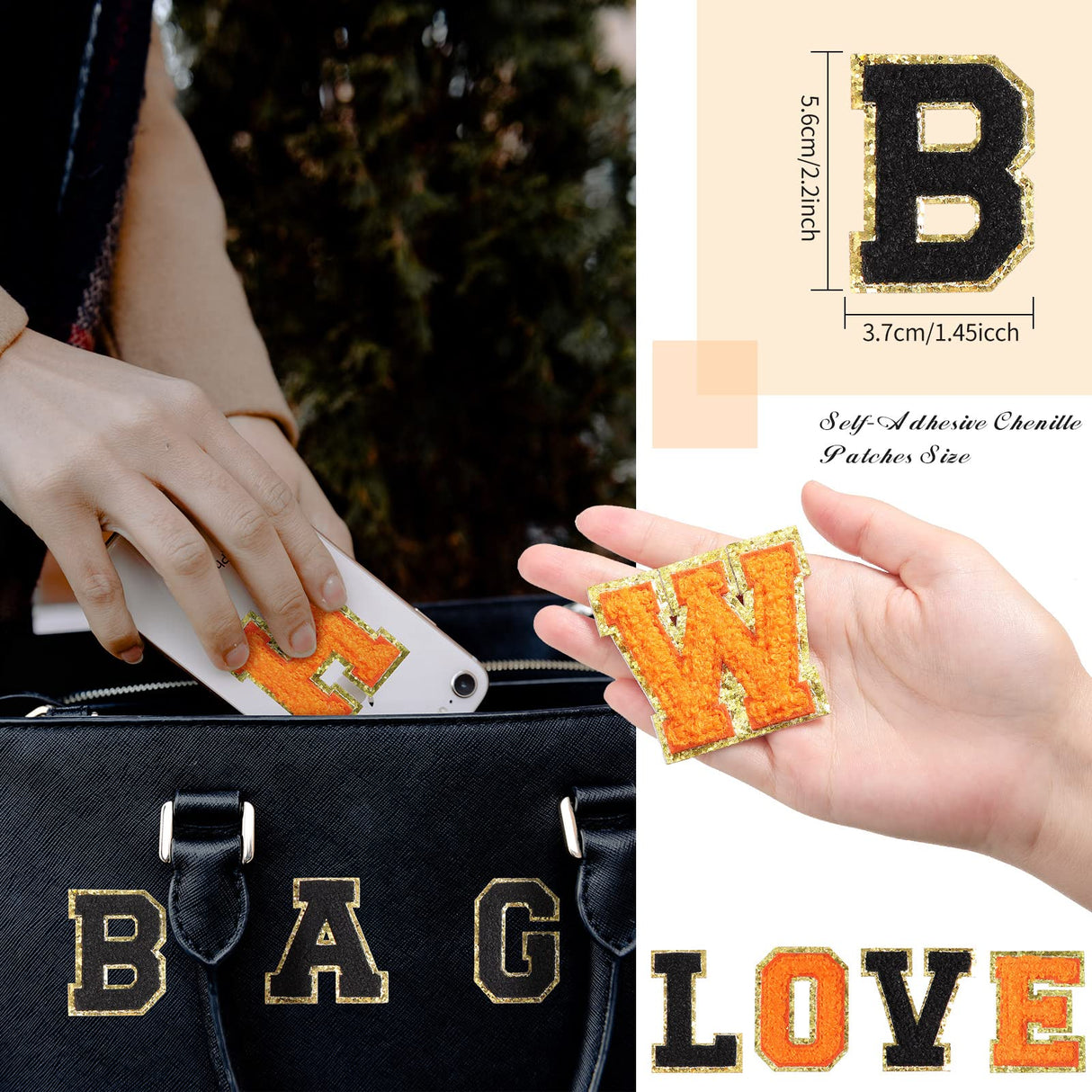 WILLBOND 52 Pcs Chenille Letter Patches Bulk Self Adhesive Letter Patches for Backpacks Stick on Letters Embroidered Applique Patch for Clothing Hats Halloween Christmas Supplies(Black, Orange)
