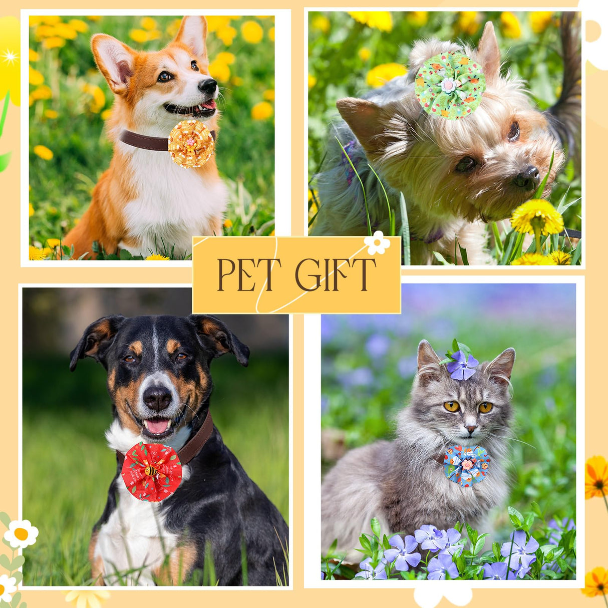 Sweetude 100 Pcs Spring Dog Collar Flowers Bulk Dog Bow Ties Bulk Pet Flower Charms Holiday Puppy Bow Ties Grooming Accessories for Small Medium Large Dogs and Cats(Flower Style)