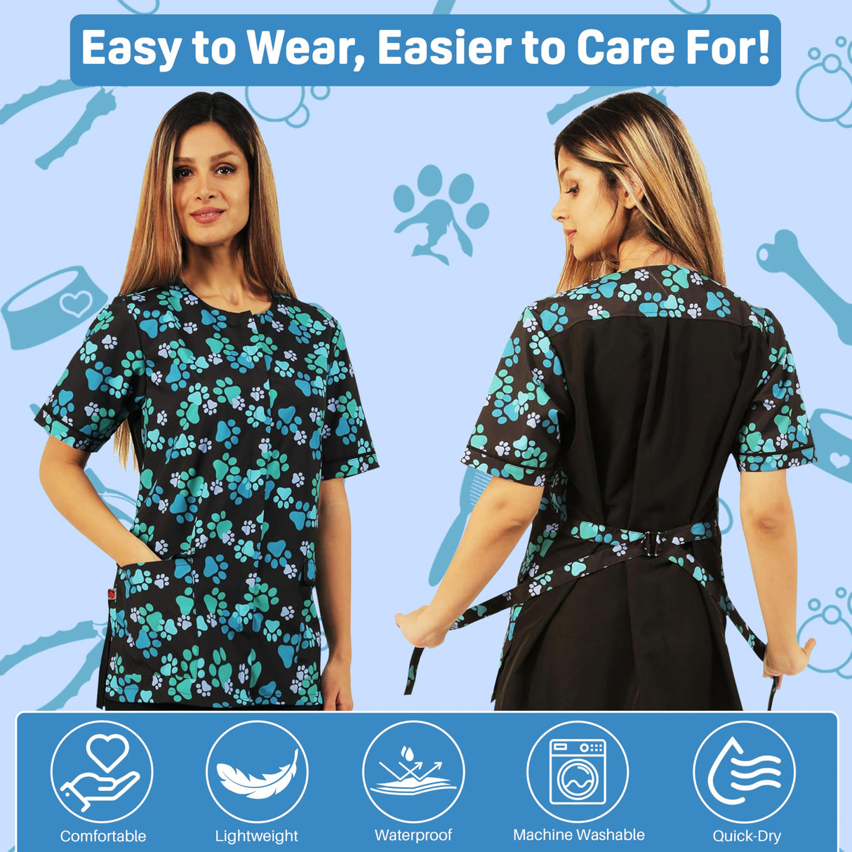 Ladybird Line 714 Blue Paw Print Waterproof Dog Grooming Smock, Hair Bleach Resistant Jacket, Covered Zipper Panel, Solid Black Back, Adjustable Belt, 2 Front Pockets, Pet Groomers Vet Clinics - XL