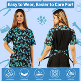 Ladybird Line 714 Blue Paw Print Waterproof Dog Grooming Smock, Hair Bleach Resistant Jacket, Covered Zipper Panel, Solid Black Back, Adjustable Belt, 2 Front Pockets, Pet Groomers Vet Clinics - XL