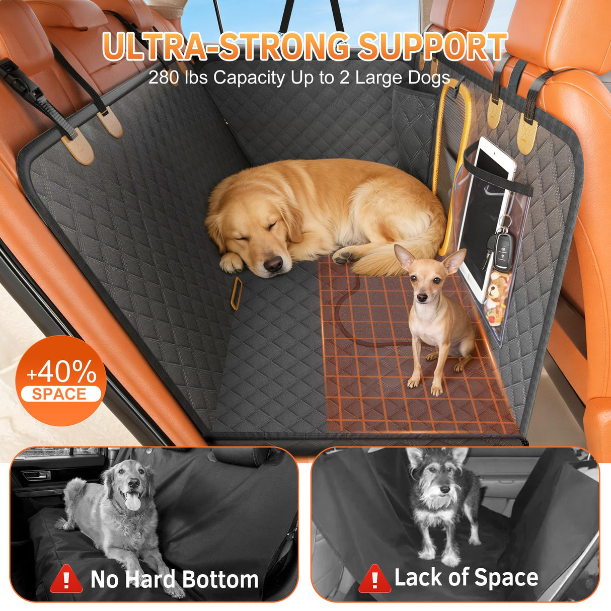 Guanyanmei Dog Bone PU Leather Rear Extender, 280LBS Waterproof Pet Hammock, Foldable Dog Car Seat Cover for SUV Sedan