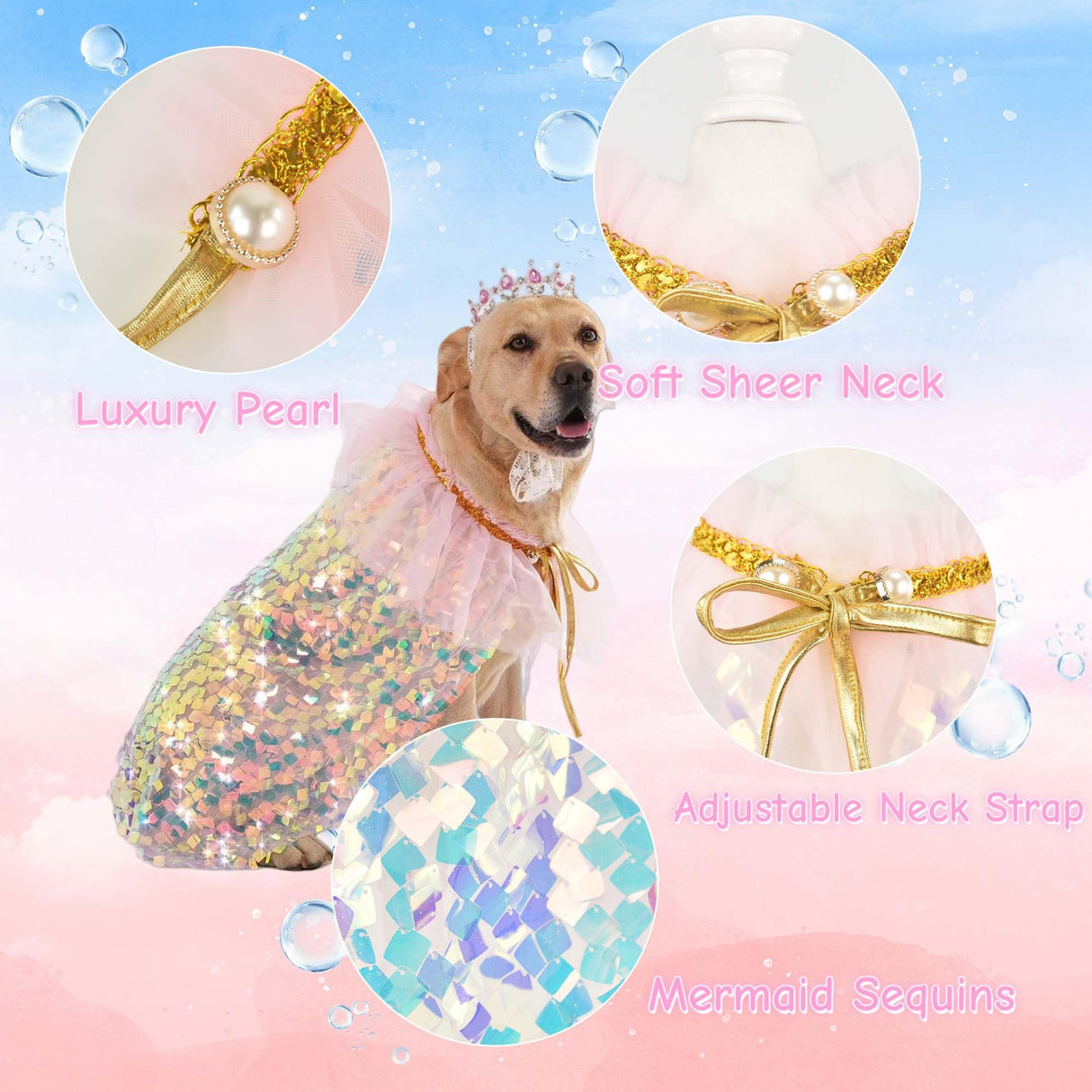 FLAdorepet Dog Princess Dress Costume with Rhinestones Crown,Pet Cat Cape Cloak Birthday Party Wedding Dress Up Outfits,Rainbow Mermaid Halloween Costume Clothes for Small Medium Large Dogs, Large