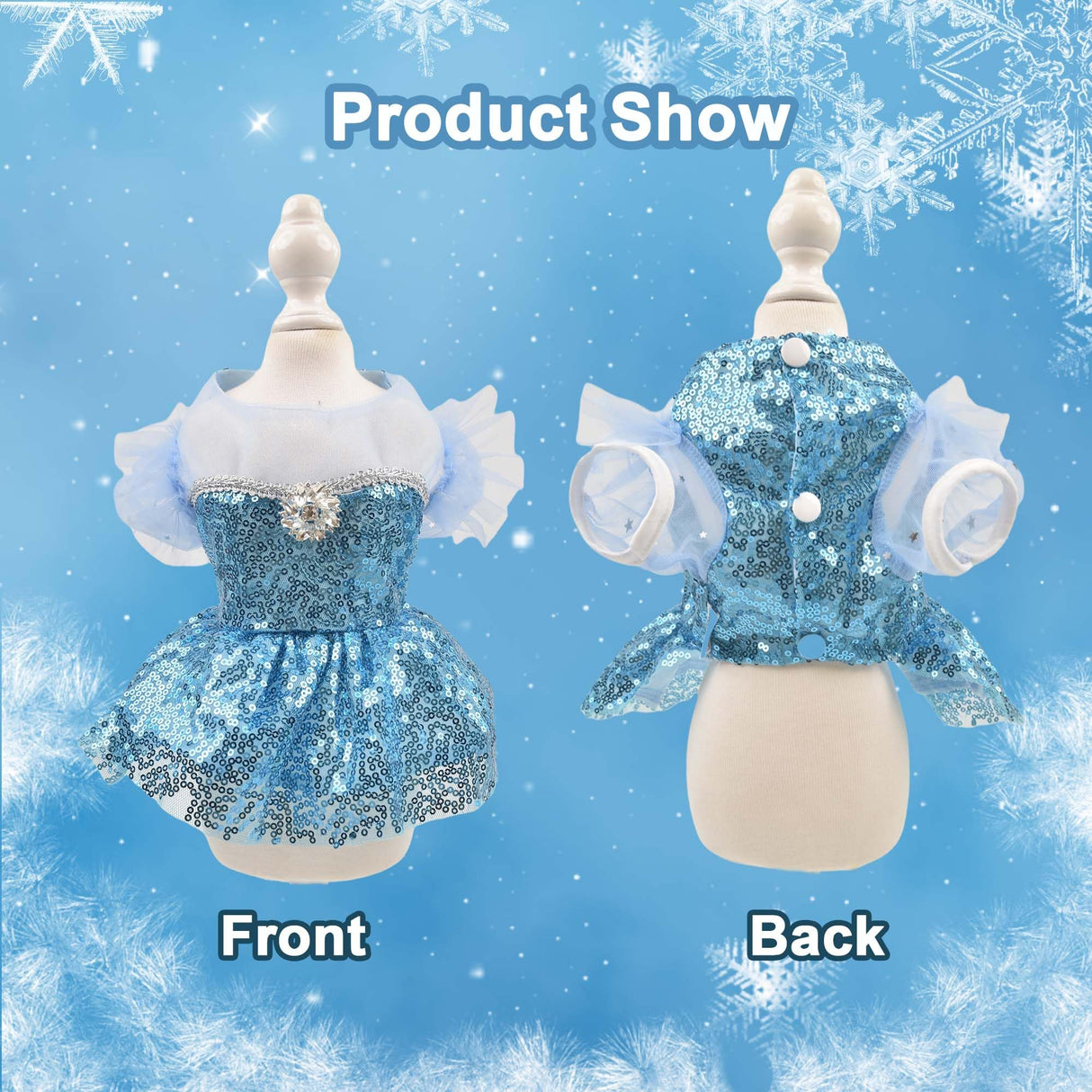 Littledropet Dog Snow Queen Princess Costume with Crown,Luxury Sequin Pet Birthday Party Princess Halloween Dress Up Cosplay Outfits for Small Medium Dogs Girls (Blue, S(Chest 14.5"|3-5Lbs))