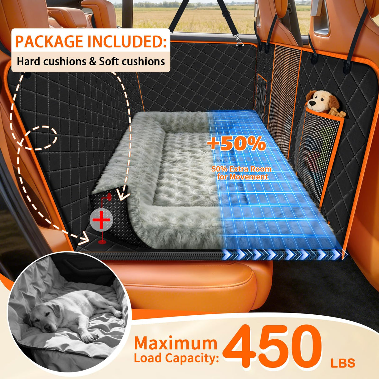 TNELTUEB Extra Large Back Seat Extender for Dogs with Dog Bed Mats, Waterproof Dog Car Seat Cover for Back Seat with Hard Bottom, Anti Scratch, Safer, Easy to Use and Clean, Holds 450LBS Black