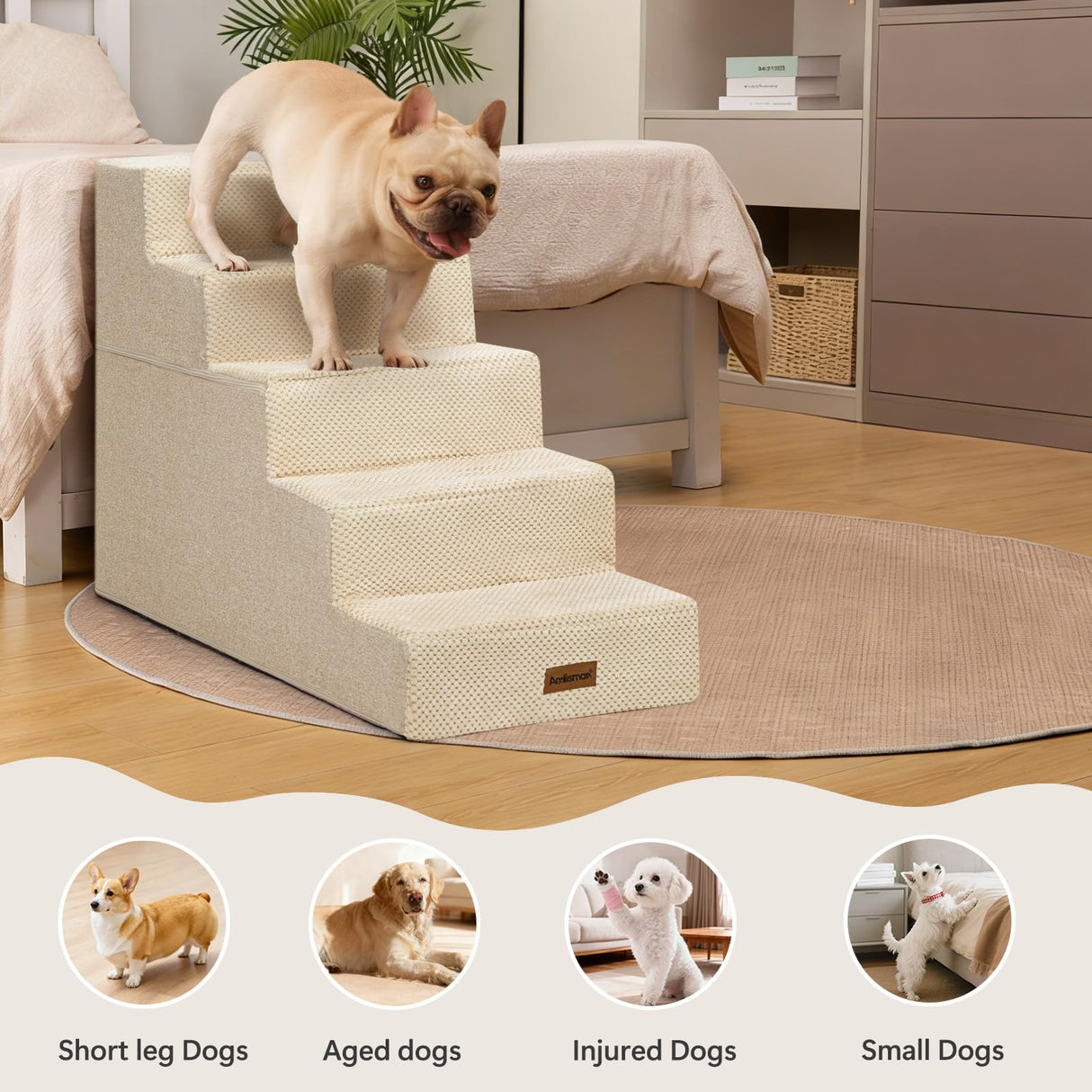Aodisman Pet Stairs for High Bed, 5-Step Dog Stairs for Small Dogs, Indoor Non-Slip Dog Steps for Old Cats, Puppy, Small Medium Dogs,22.6" H,Beige
