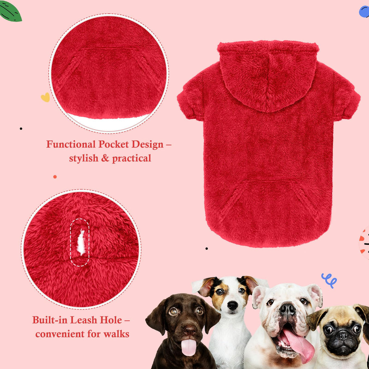 Dog Sweaters,Dog Hoodie,Warm Fuzzy Fleece Sweatshirt with Hood & Pocket,Leash Hole,Cozy Cold Weather Pet Clothes Sweater for Small,Medium,and Large Dogs(Red,M)