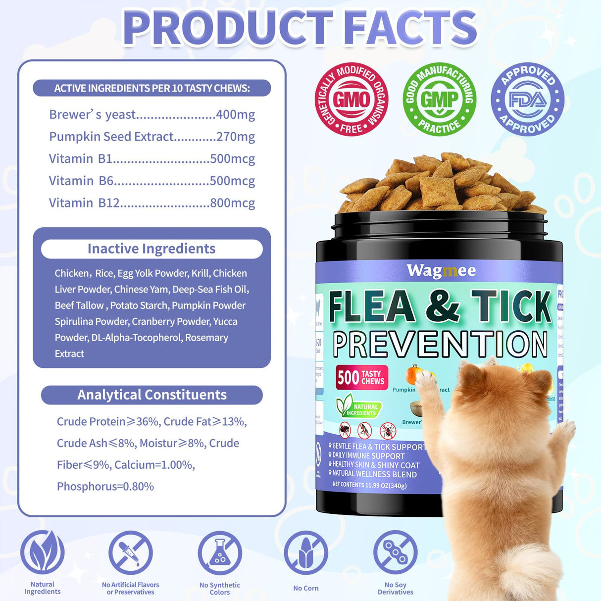 Flea and Tick Prevention for Dogs Chewables – 500 Crunchy & Creamy Tasty Chews, Natural Dog Flea and Tick Treatment Chewable, Oral Flea Chews Supplement for Dogs Puppies, All Breeds & Ages, Chicken