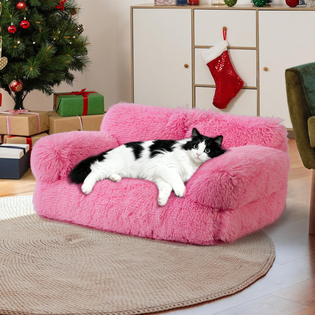 FURMORENE Large Cat Beds for Indoor Cats, Dog Couch Bed, Cute Cat Couch Sofas for Less 20lbs Kitten Puppy, Small Dog Sofas & Chairs with Removable Washable Cover, Soft Warm Pet Furniture, Plush Pink