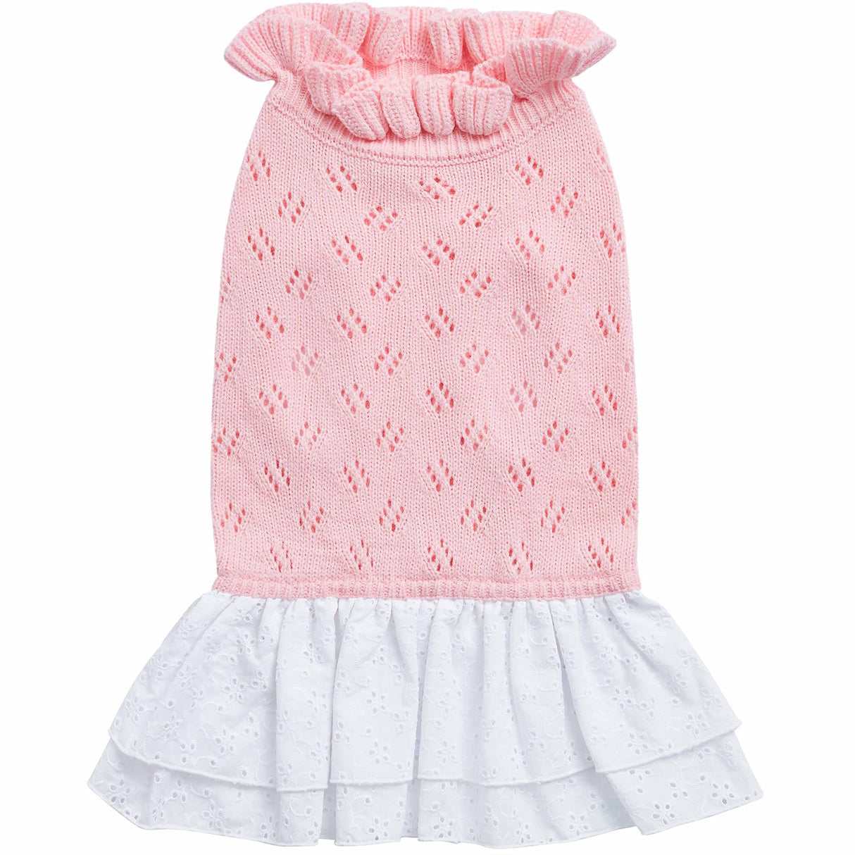 Blueberry Pet My Cutie Princess Ruffle Collar Dog Sweater Dress with Guipure Lace, Pink, Back Length 16", Fall Winter Clothes for Girl Dogs