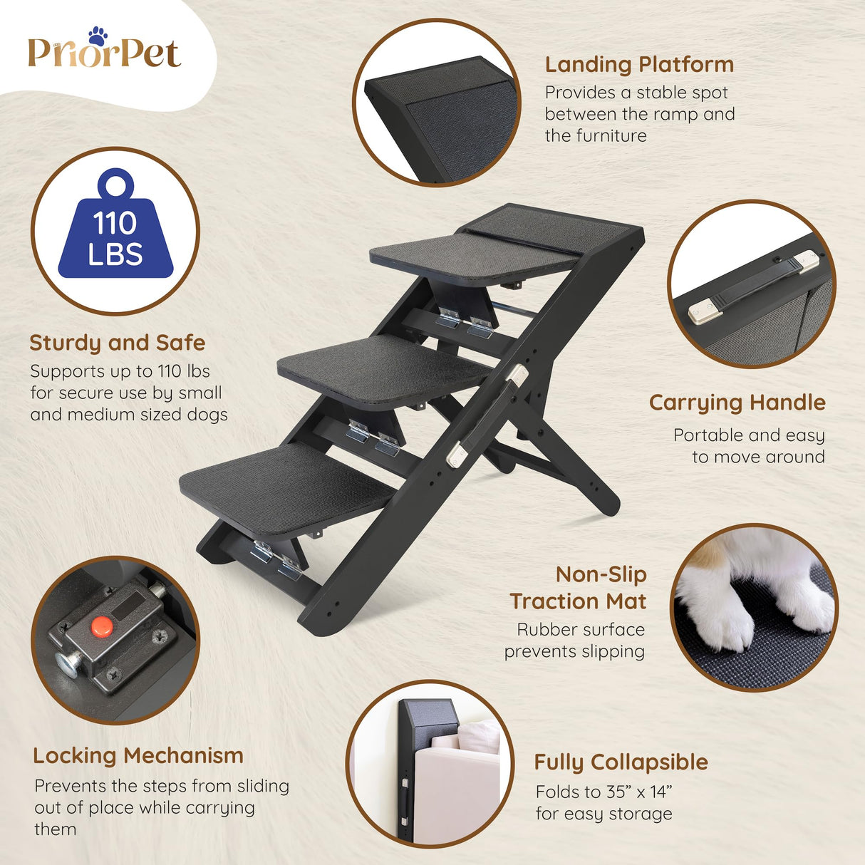 Dog ramp for Couch – Non-Slip, Sturdy Build Foldable Dog ramp – Supports up to 200lbs – Adjustable 7'' to 20'' – Landing Platform Seamlessly Connects – Birchwood Pet Ramp for Small Dogs –Black