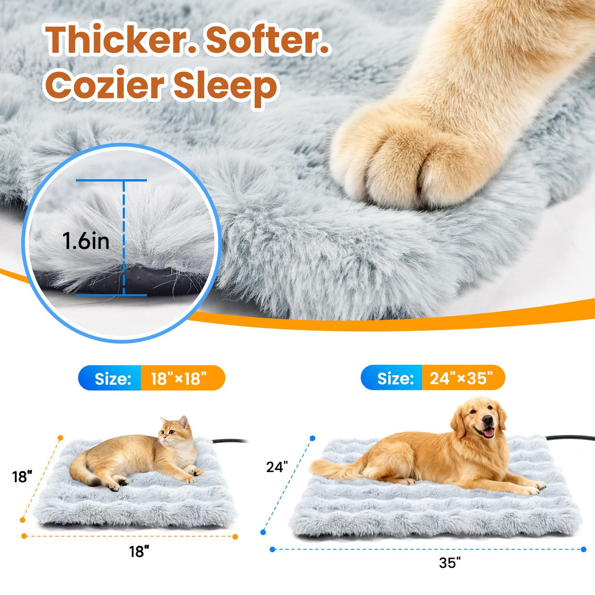 Littlo Kozytail Cat Heating Pad, Pet Heating Pad with Smart Thermostat, 12 Temp Levels & 0-12H Timer, Plush Fleece Cover with Zipper, Waterproof & Chew Resistant, 18x18in for Cats and Small Dogs