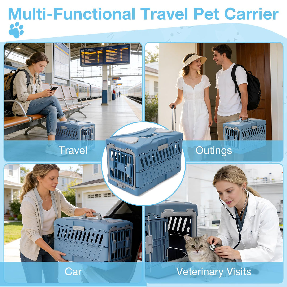 Pet Carrier for Cats & Small Dogs, Foldable & Durable Hard Cat Carrier Plastic, 2-Door 360° Ventilation Clear Top Pet Travel Kennel Crate for Longer Traveling Upto 22Lbs (22.0" L x 13.0" W x 14.6" H)