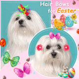 MTLEE 50 Pcs Easter Dog Bows Dog Hair Bows Bulk Easter Grooming Cute Rabbit Pattern with Rubber Bands Puppy Yorkie Cat Bunny Butterfly Topknot Rhinestone Pearl Girl Accessories