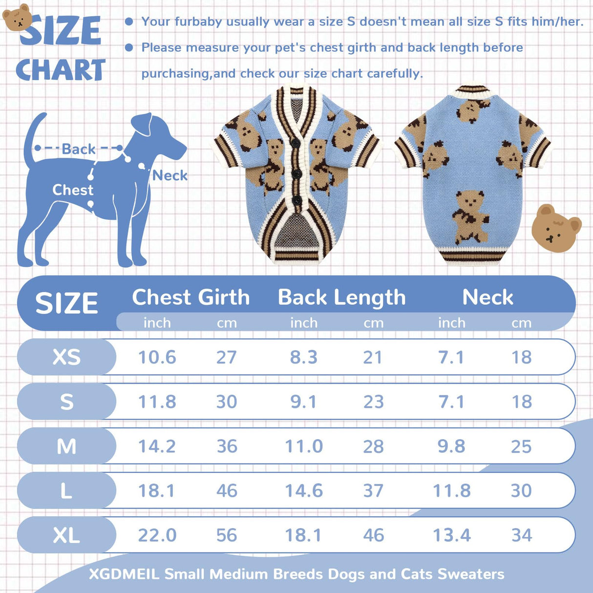 XGDMEIL Small Dog Sweaters Cute Bear Knitted Dog Cardigans Clothes for Small Medium Dogs Soft Pet Puppy Cat Knitting Outfits Fall Winter Warm Boy Girl Dogs Knitwear Coat Apparel（Blue,X-Large）