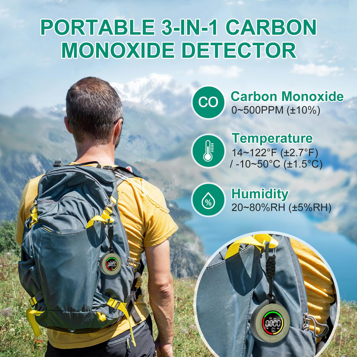 Lunarlipes Portable Carbon Monoxide Detectors for Travel, Mini 3-in-1 Carbon Monoxide Monitor with Magnetic Suction, RV CO Detector Alarm Temp/Humidity Sensor, Rechargeable CO Monitor 120HR Standby
