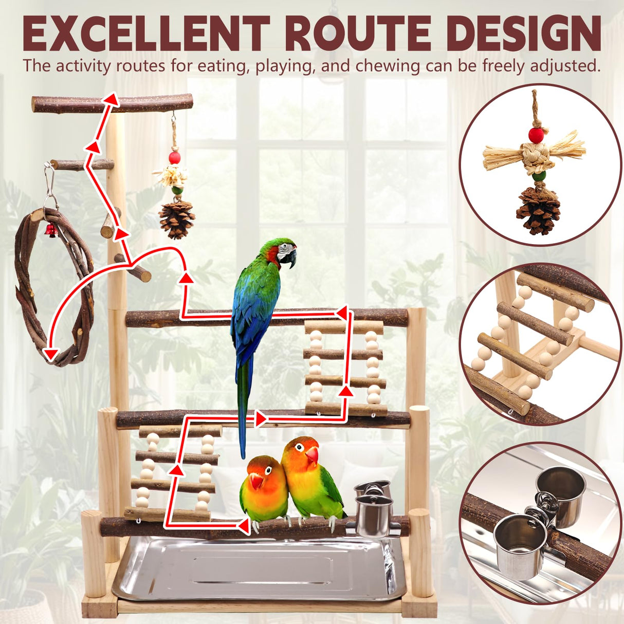 Bird Playground, Natural Wooden Parrot Stand with Feeding Cup, Swing, Chew Toy, and Other Cage Accessories. Bird Perch for Most Birds Including Cockatiels, Budgerigars, Grey Parrots, and More