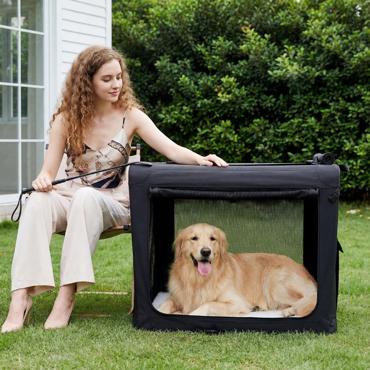 KMFurnila Dog Travel Crate 36 Inch, Portable Soft-Sided Travel Carriers for Dogs and Cats, Foldable Pet Kennel with 3-Doors Mesh Windows Indoor & Outdoor, Black