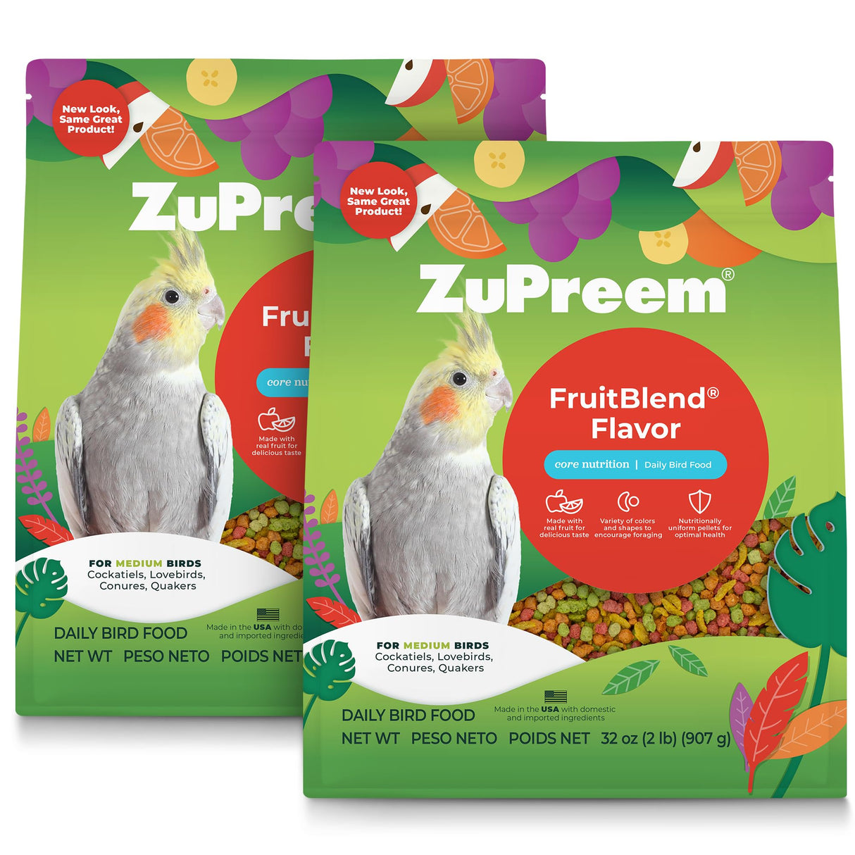 ZuPreem FruitBlend Flavor Pellets Bird Food for Medium Birds, 2 lb (Pack of 2) - Daily Blend Made in USA for Cockatiels, Quakers, Lovebirds, Small Conures