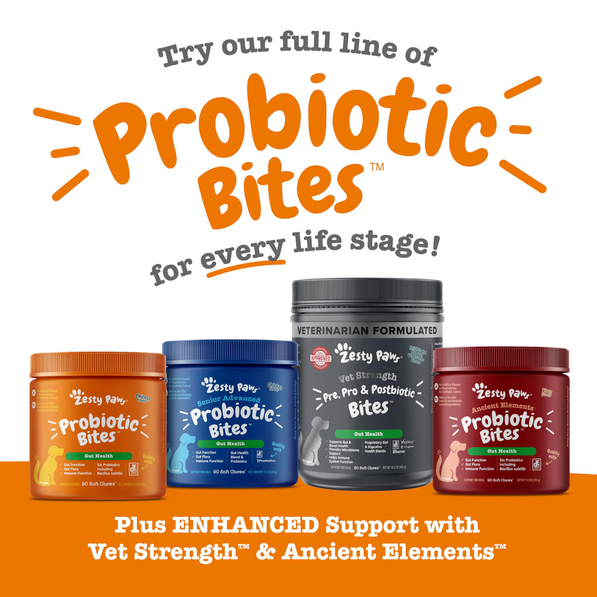 Zesty Paws Probiotics for Dogs, Digestive Enzymes Gut Flora, Digestive Health, Diarrhea & Bowel Support, DE111, Dog Probiotics Soft Chew for Pet Immune System, Chicken, 90 Ct