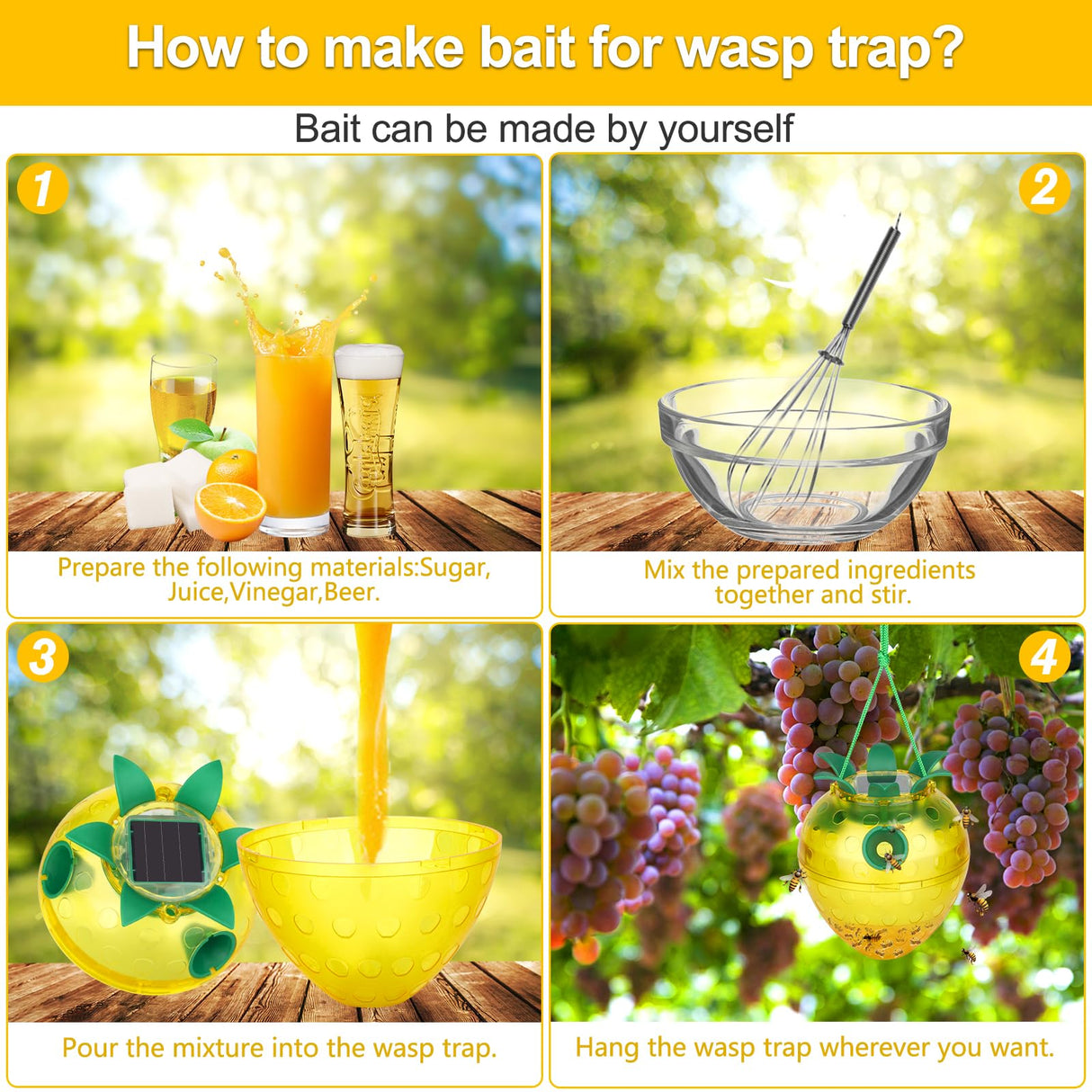 Solar Wasp Traps Outdoor Hanging, 2024 New Upgrade Yellow Jacket Wasp Catcher for Trapping Hornet, Non-Toxic Reusable Wasp Catcher for Outdoors Trapping Wasp with LED Light (Yellow, 2 Pack)