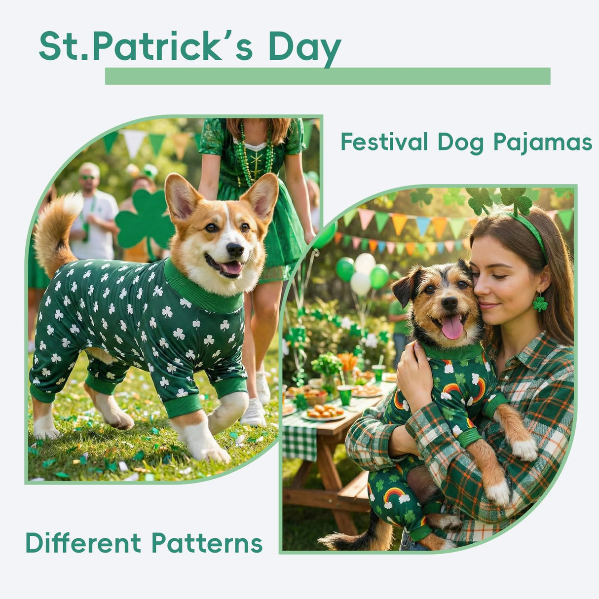 Vehomy 2-Pack St.Patrick's Day Dog Pajamas Clover Rainbow Pet Jumpsuits Puppy Pjs Lucky Shamrock Dog Onesie St Patricks Dog Jammies Costume Outfit Clothes for Small Medium Large Dogs XXL