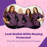 Ladybird Line 725 Pink and Purple Paw Print Waterproof Dog Grooming Smock, Hair and Bleach Resistant with Covered Zipper Panel, Solid Black Back, and Back Tie Belt - Ideal for Pet Groomers - L