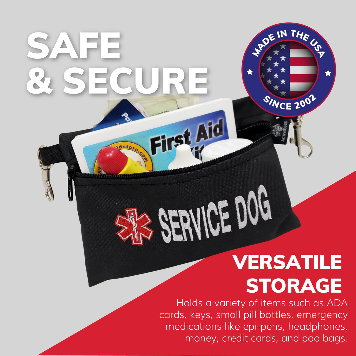 ActiveDogs Service Dog Bag with Zipper - 7" x 5" Clip-On Pouch with Embroidered Red Medical Alert Symbol for Easy Identification & Storage - Service Dog Accessory for Harness, Vest & More