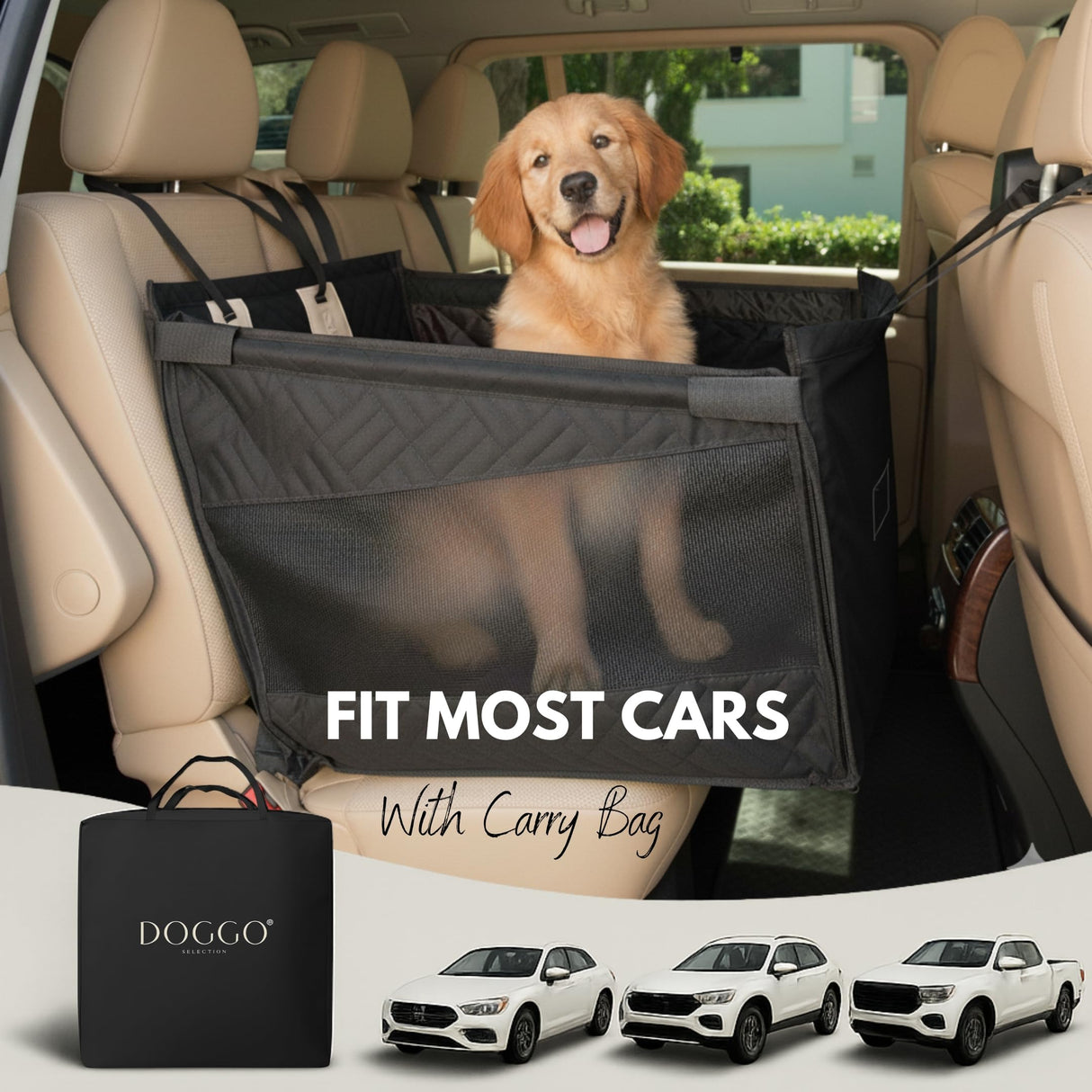 Dog Car Seat Cover with Hard Bottom – Back Seat Extender for Small & Medium Dogs, Waterproof & Non-Slip Hammock, Reinforced & Stable Design with Storage Pockets for Cars, SUVs & Trucks (Black)