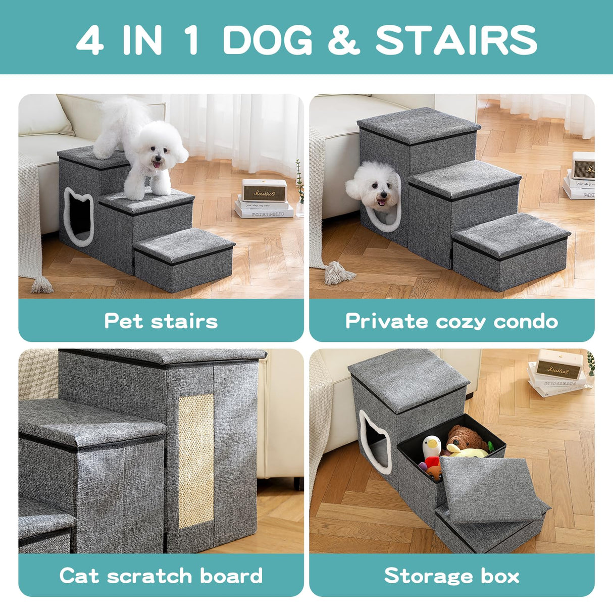 Crispedia Dog Stairs for Small Dogs, 3-Step Non-Slip Pet Stairs for Cats, Small Dog Steps with Storage and Condo, Indoor Cat Steps for Older Cats, Arthritis-Friendly, Grey