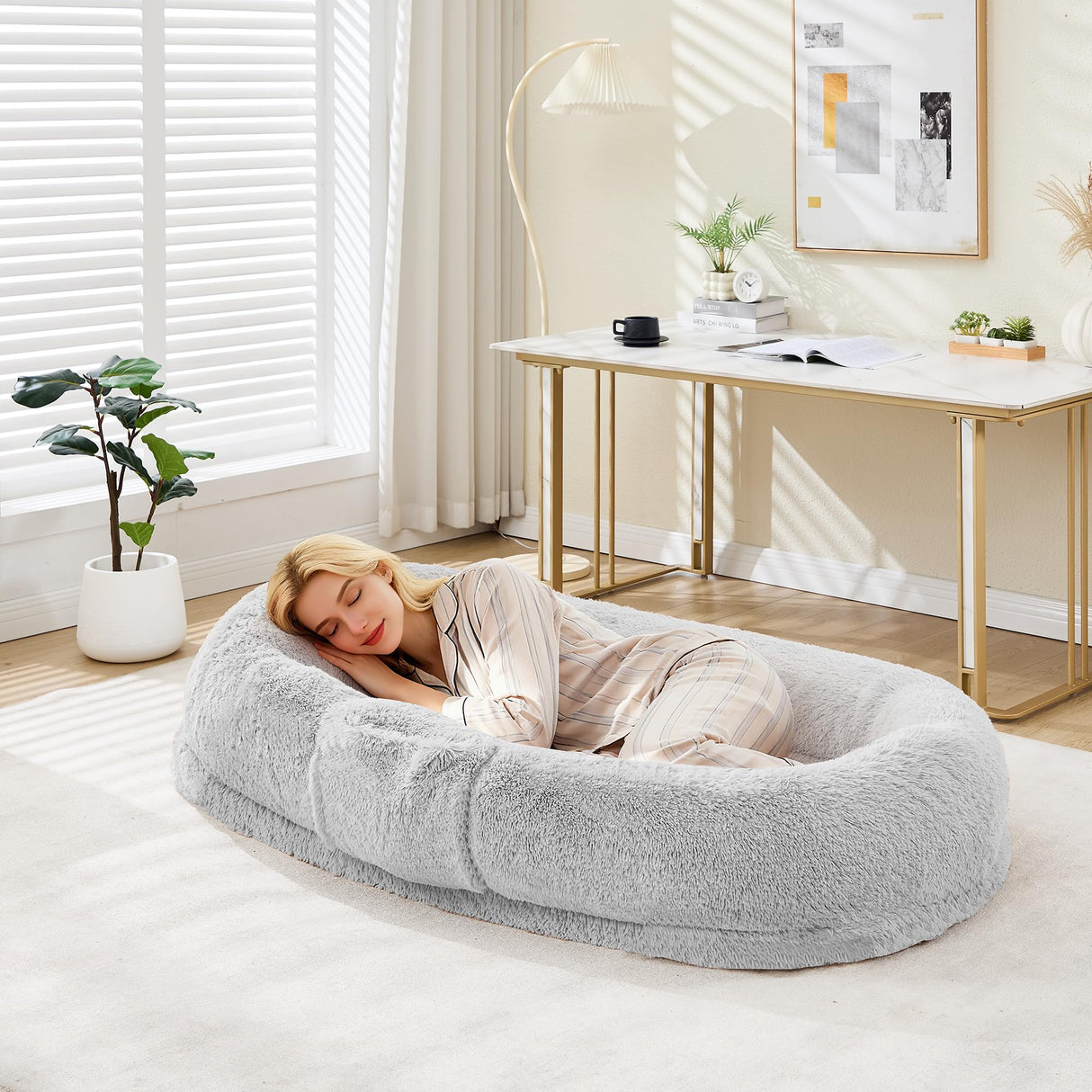 Human Dog Bed for Adult, 64.9" x 41.3" Large Giant Orthopedic Memory Foam Nap Bed for People Pets, Washable Faux Fur Cover with Side Pocket Waterproof for Anxiety Relief