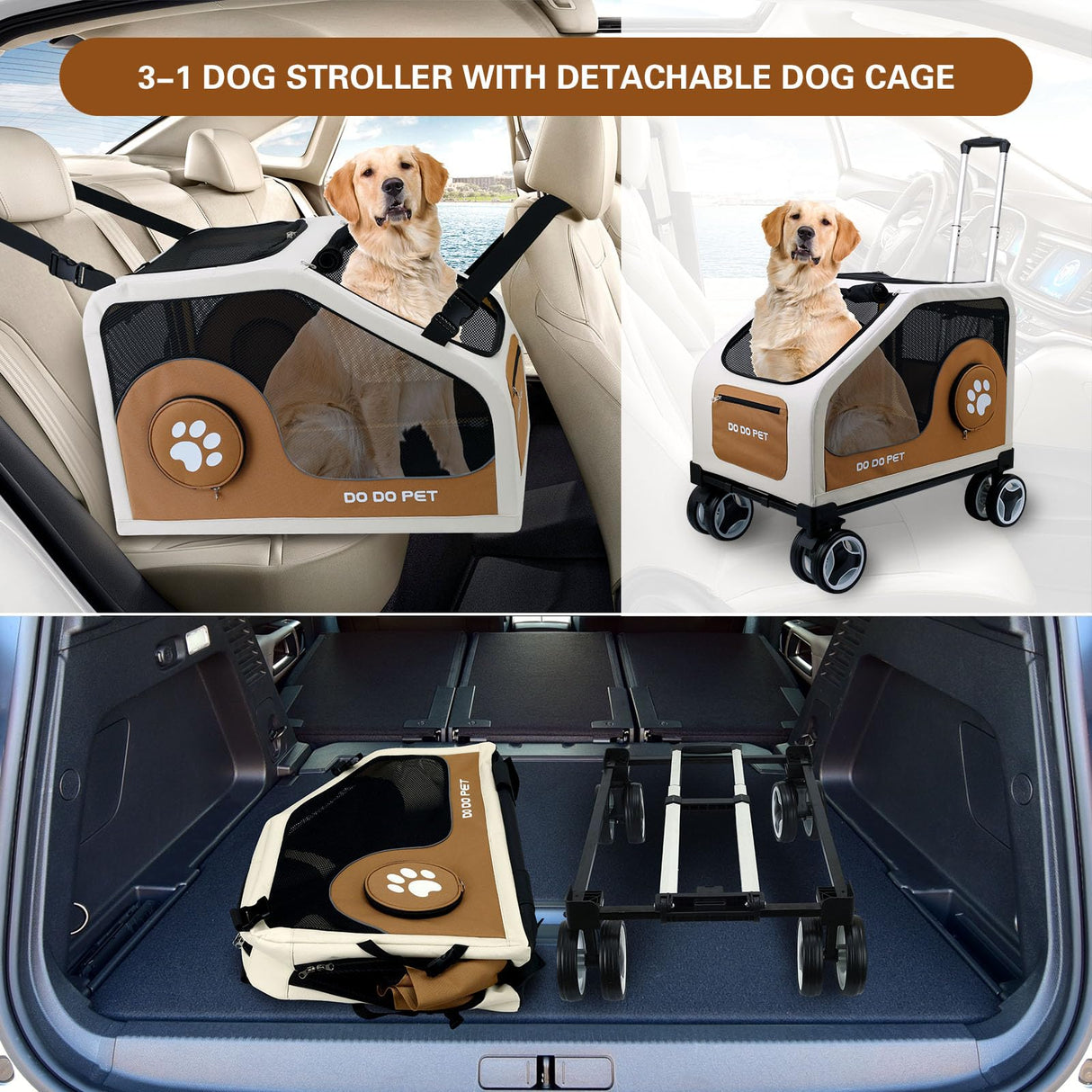IronHaul 3-1 Dog Stroller for Medium Dogs,Collapsible Soft Dog Travel Crate with Metal Frame for Car Travel,Pet Stroller with Removable Carrier for Pets Up to70LBS(Orange)