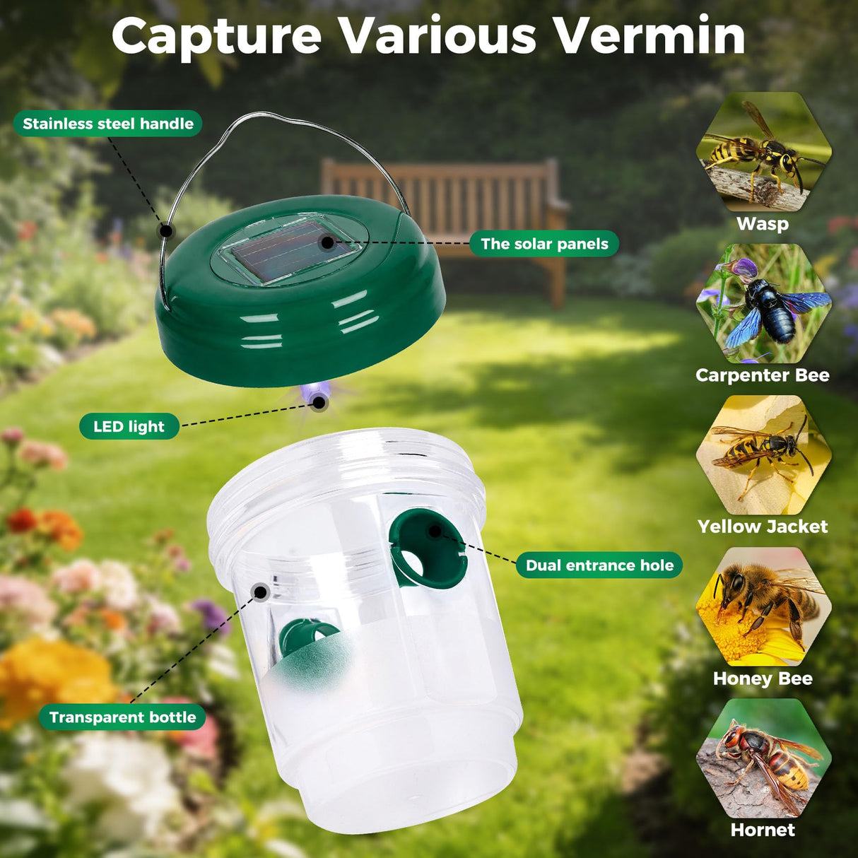 2 Pack Wasp Traps Outdoor Hanging, Carpenter Bee Traps for Outside, Yellow Jacket Trap Solar Powered Wasp Killer with UV LED Light, Bee Catcher Traps, Hornet Traps