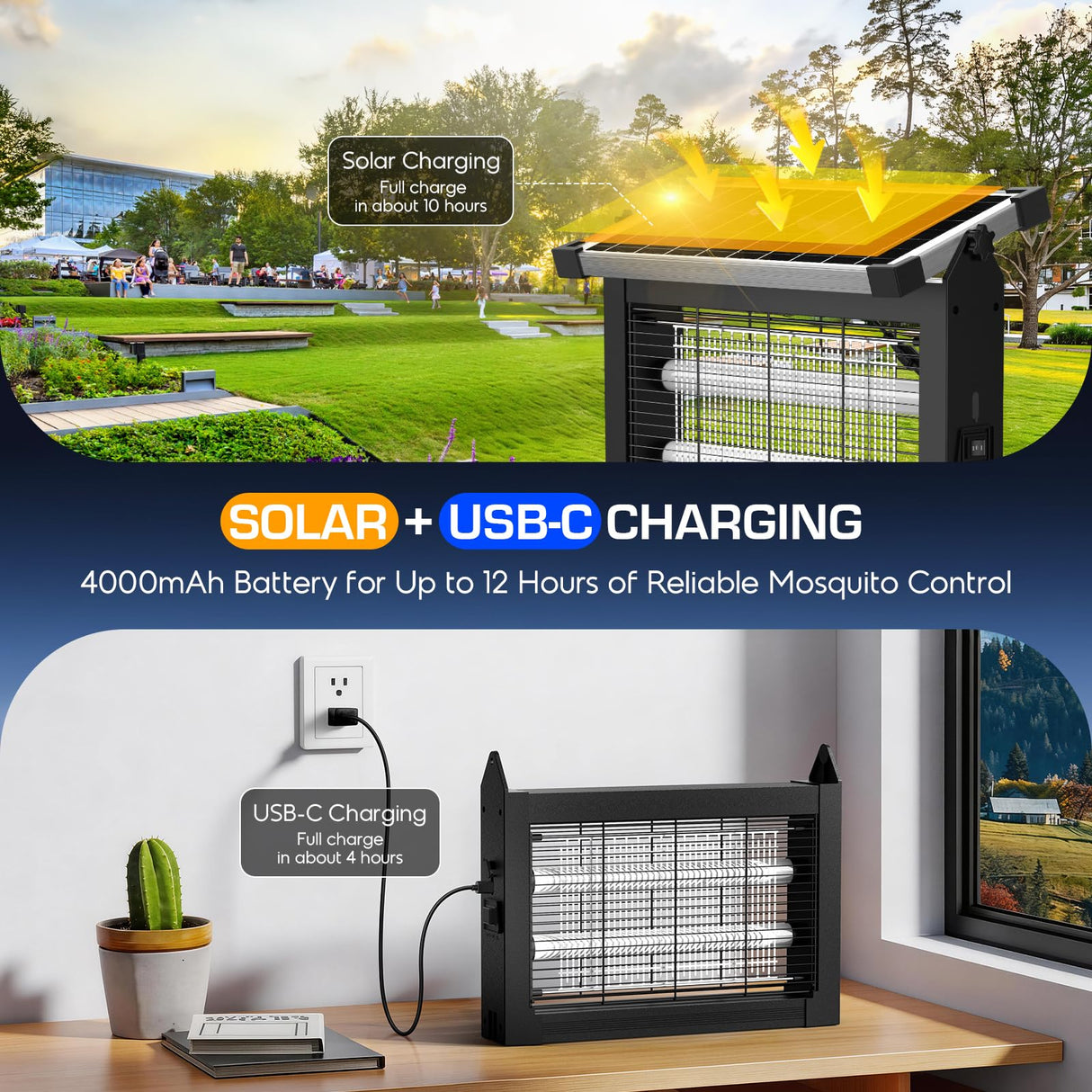 Solar Bug Zapper Outdoor Waterproof, 4500V High Power Cordless Mosquito Zapper with Smart Light Sensor, Dual Solar & USB Rechargeable Insect Killer for Patio, Garden, Backyard, Indoor & Outdoor Use