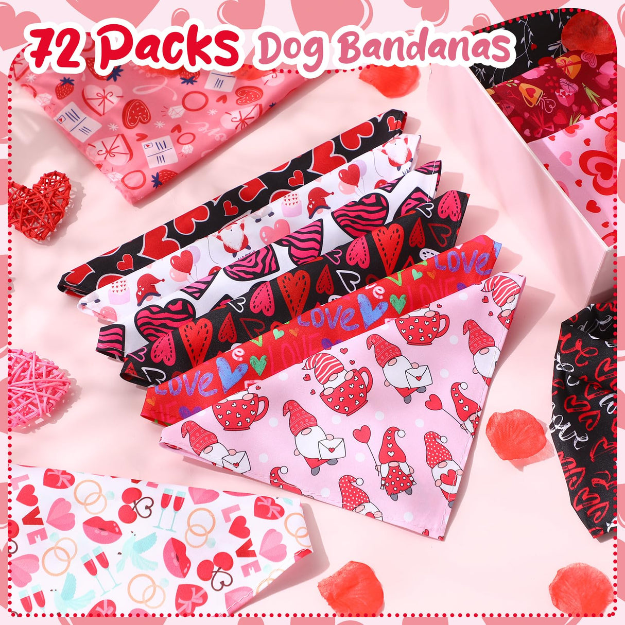 Reginary 72 Packs Valentine's Dog Bandanas Bulk Dog Heart Red Bandanas Valentine Pet Scarf Bibs Triangle Puppy Bibs Adjustable Puppy Scarf for Pet Costume Accessories