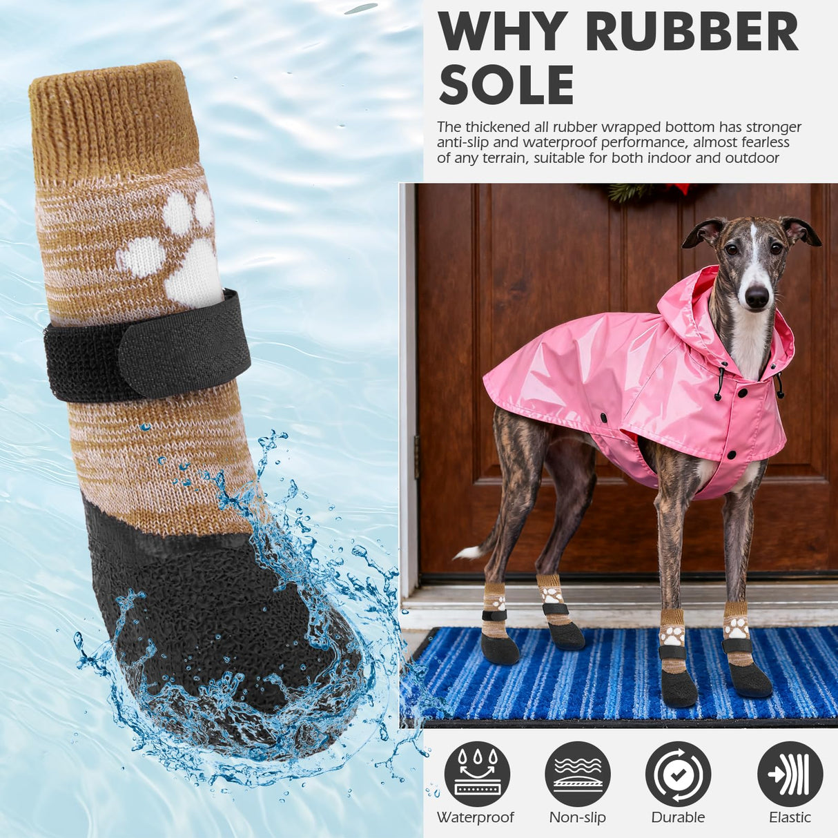 Mihachi Anti Slip Dog Socks, Dog Boots for Hardwood Floors Prevent Licking, Traction Control Waterproof Rubber Sole Paw Protectors for Small Medium Large Dogs,Khaki L