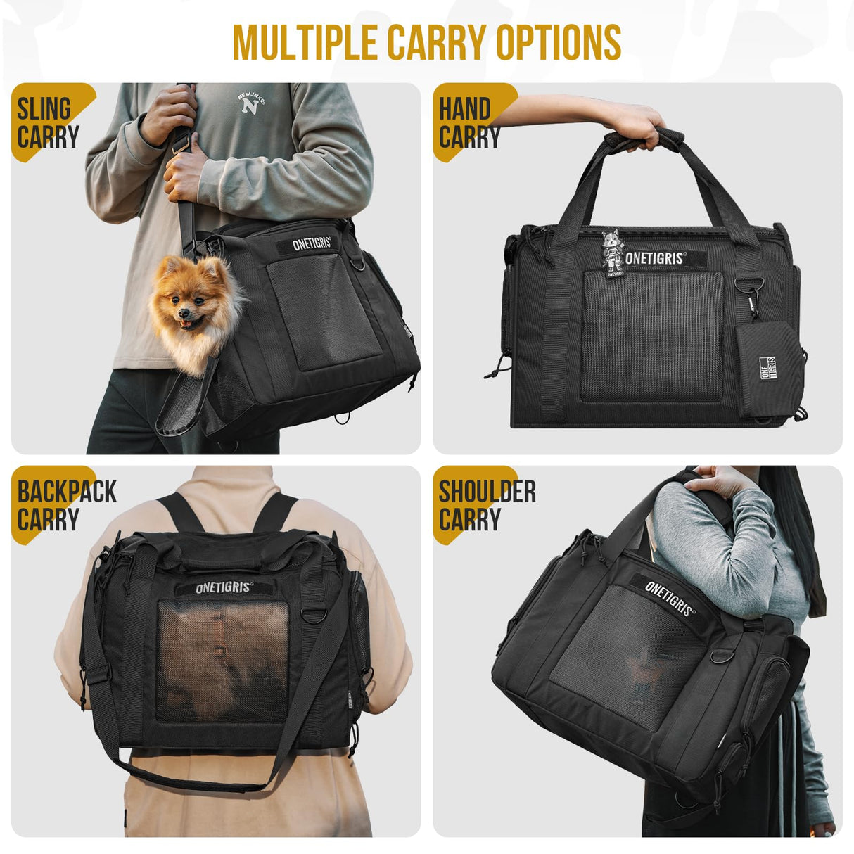 Onetigris Portable Pet Carrier for Small Puppy Dog and Cat, Multi Carry Way Soft Sided Carrier, Lightweight Adjustable Travel Pet Carrier for Outdoor Walking, Vet Visit, Camping, Up to 12lbs