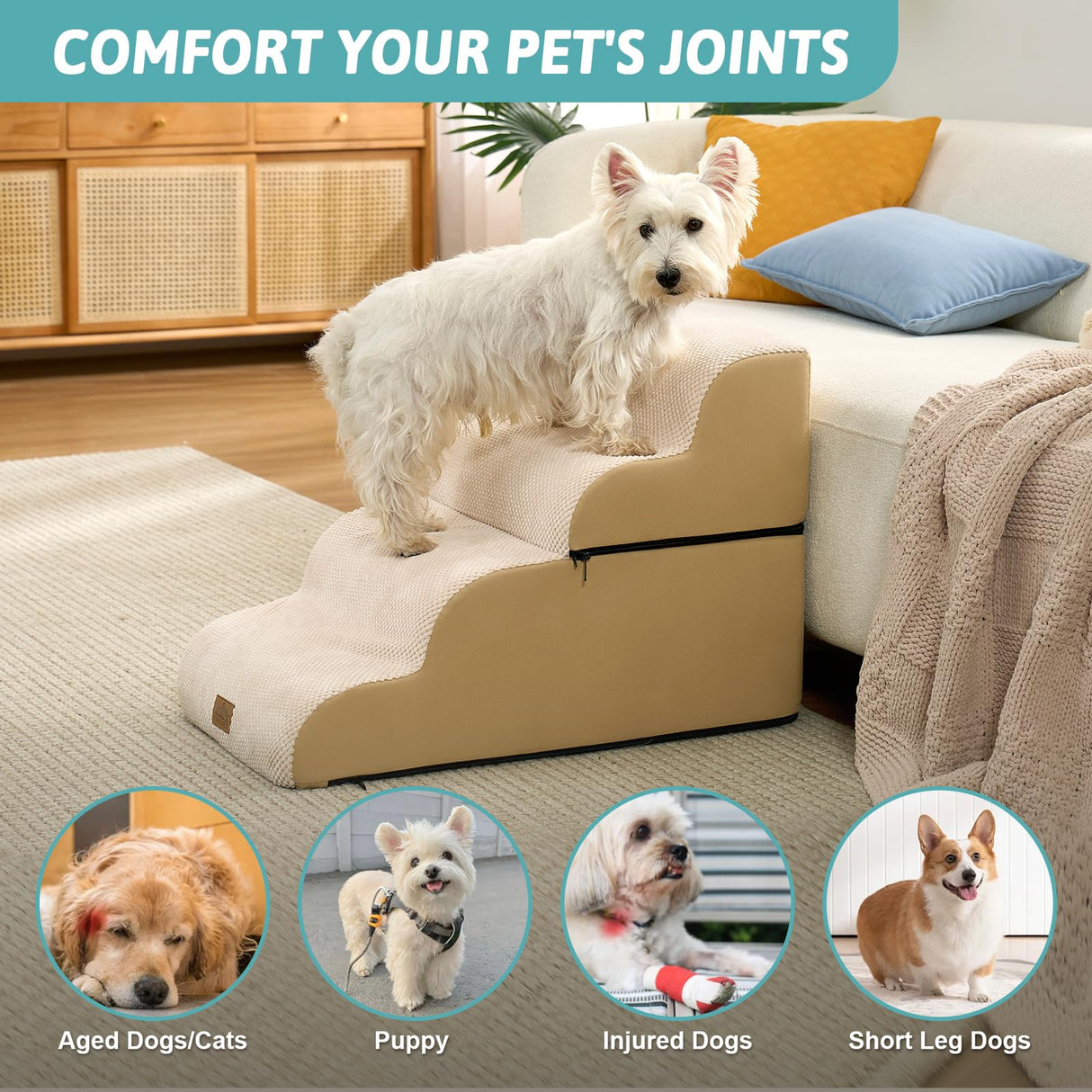 COZY KISS Detachable Curved Wide Dog Stairs 19.7" H, 4 Step Small Dog Step for Puppy or Older Cat, Ramp for Bed, Sofa, Couch or Chair, Ladder with High Density Foam, 17.7x28.3x19.7 inch, Beige