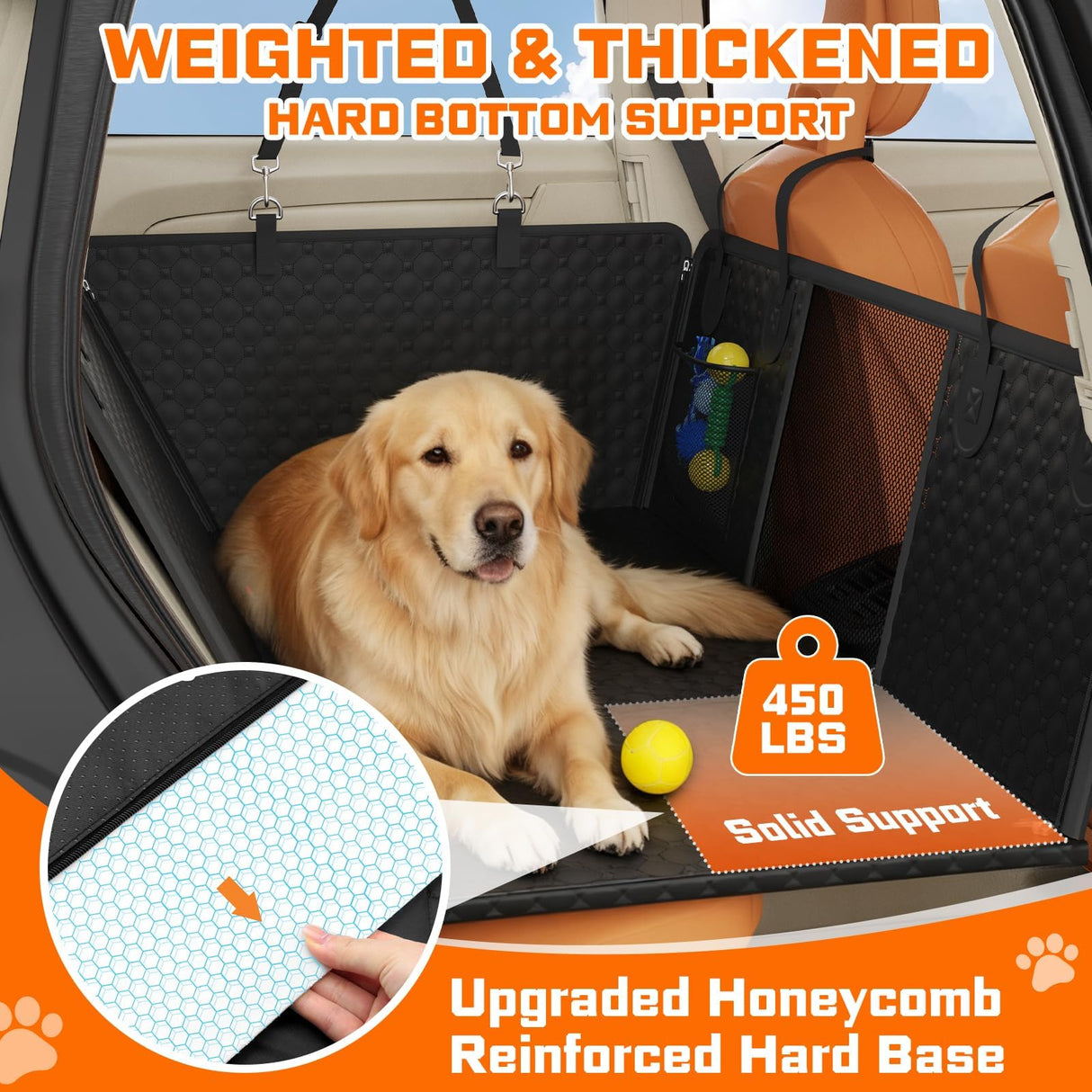 PAWYAGE Back Seat Extender for Dogs with Hard Bottom & Mesh Window, Waterproof Dog Car Seat Cover for Back Seat, Cat-Scratch Resistant Fabric, Extra Comfortable Dog Hammock for Car SUV and Trucks