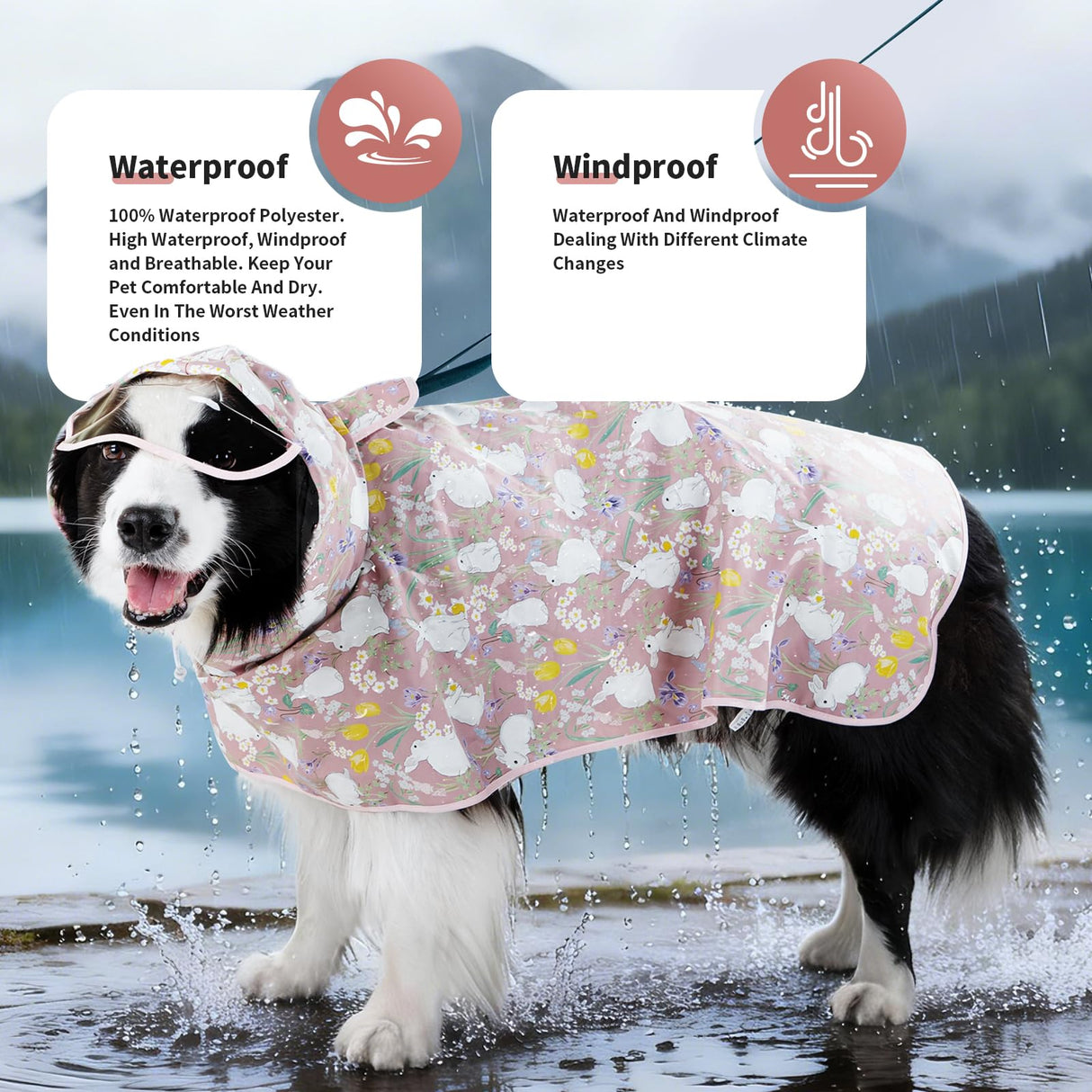 ExploreU Dog Raincoat, Waterproof Windproof Dog Rain Jacket with Hood, Rain Coat with Leash Hole, Adjustable Raincoat Poncho for Small Medium Large Dogs Outdoor (Pink, M)