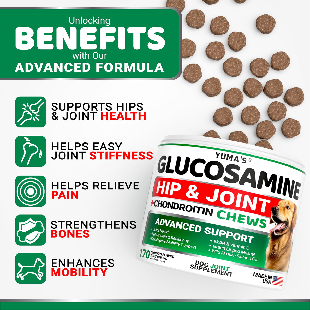 YUMA'S Glucosamine for Dogs - Hip and Joint Supplement for Dogs - 170 Ct - Glucosamine Chondroitin Chews - Joint Pain Relief Supplement with MSM - Advanced Health - Mobility Support - Made in USA