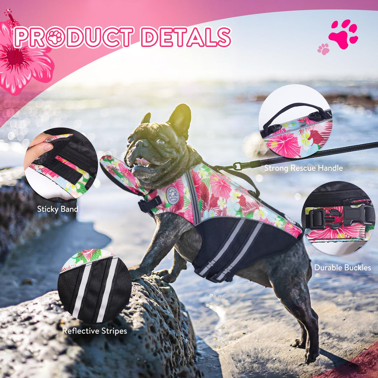 Dog Life Jacket, French Bulldog Life Vest for Swimming Boating, Dog Swim Vest with Chin Float and Rescue Handle, High Flotation Puppy Life Jackets (Chest Girth: 17" to 30", Weight: 17" to 28" LB)