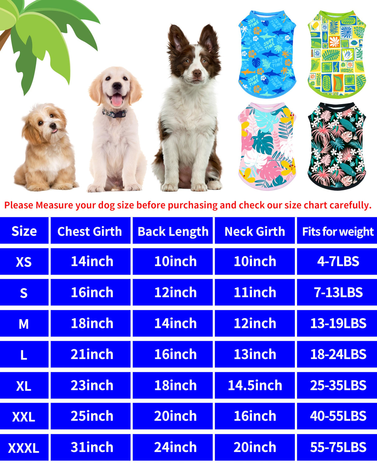 PET SHOW 4 Pack Dog Hawaiian Shirts for Medium Dogs UPF 50+ UV Sun Protection Summer Cool Clothes Tank Top Floral Dog T-Shirts Pet Holiday Party Sleeveless Vest Boy Girl(Large)