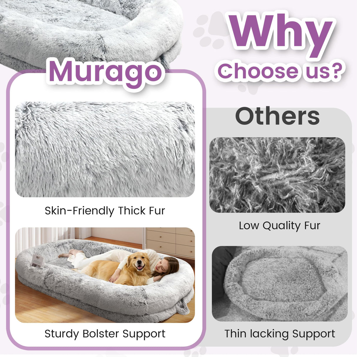 Murago Human Dog Bed for Adults, 75"x43"x10" Human Size Dog Bed, Orthopedic, Waterproof Removable Washable Cover, Soft Calming Lounger for People & Pets, Light Grey