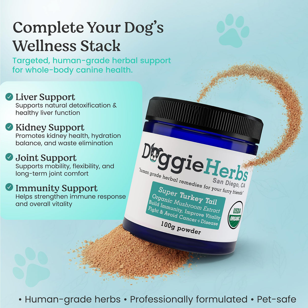 Doggie Herbs Organic Super Turkey Tail Mushroom Powder for Dogs- High Potency 550mg Beta Glucans Per Scoop- 100% Fruiting Body Extract (No Mycelium/Grain)- Immune Defense- Human Grade K9 Supplement