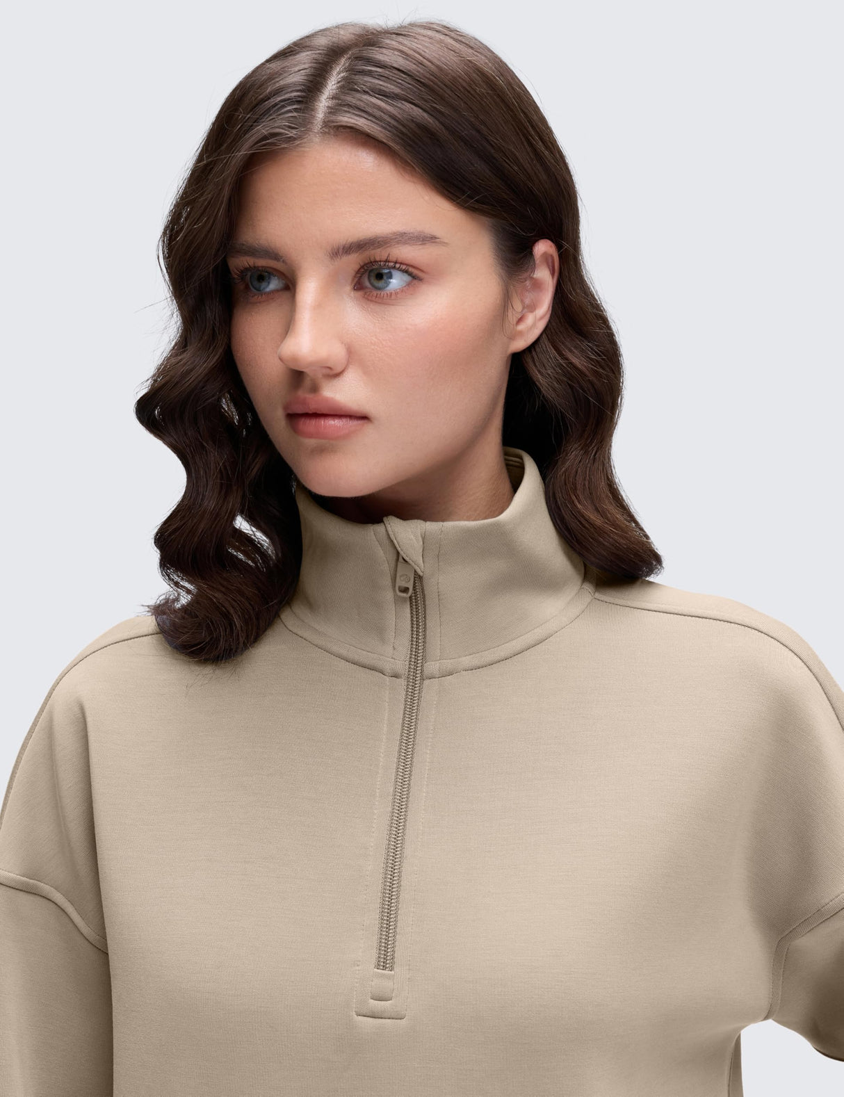 CRZ YOGA SoftAura Half Zip Sweatshirt for Women - Pullover Workout Casual Funnel Neck Sweat Shirts with Pocket Oak Medium
