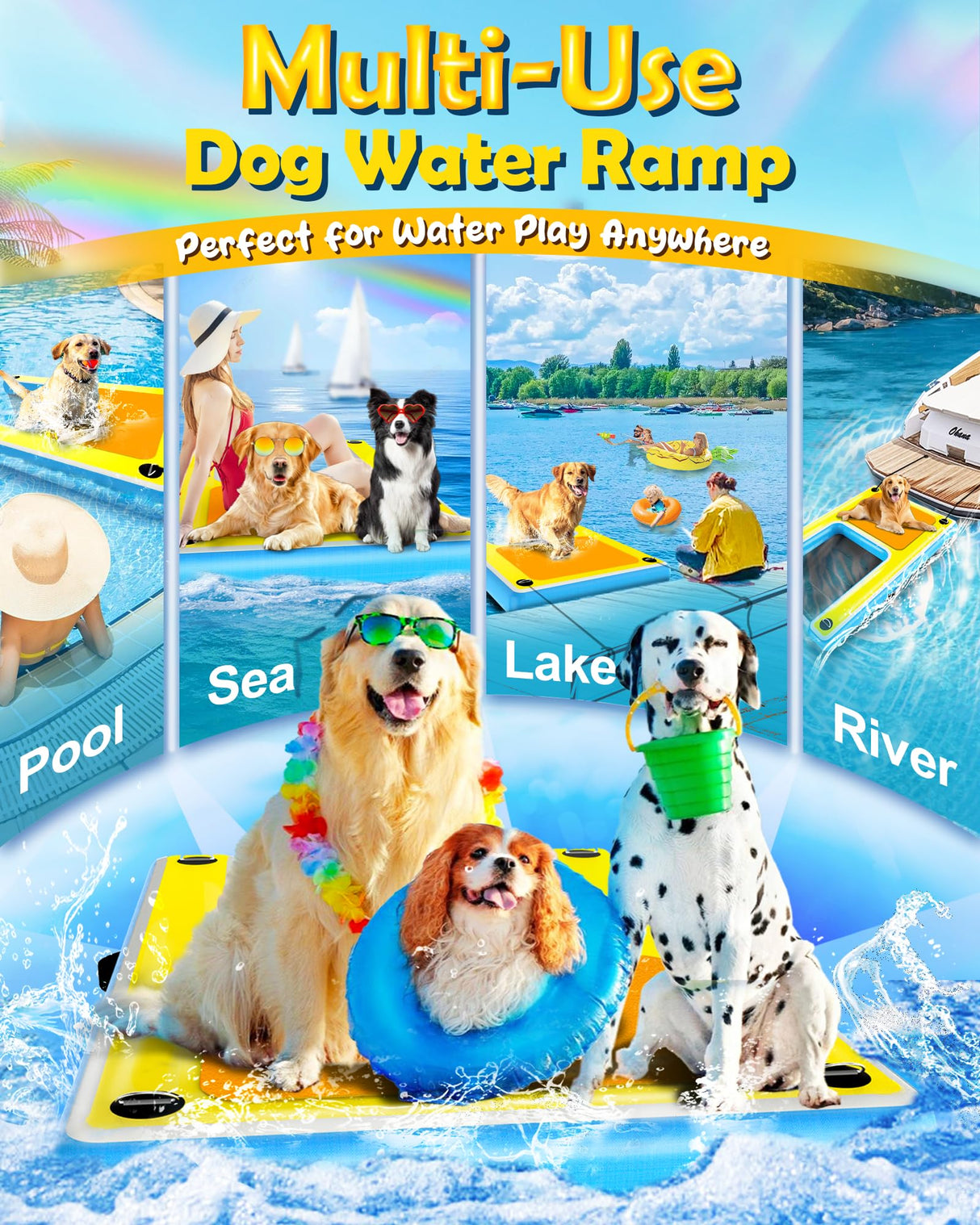 Upgrade Inflatable Dog Ramp,Multi-Use Dog Floats Ladder for Boat Pool Dock Lake,Non-Slip One-Piece Ramp Mesh Swimming Plank for Pup& Large Dogs Up to 240 lbs,Portable for Car Travel,Water Play
