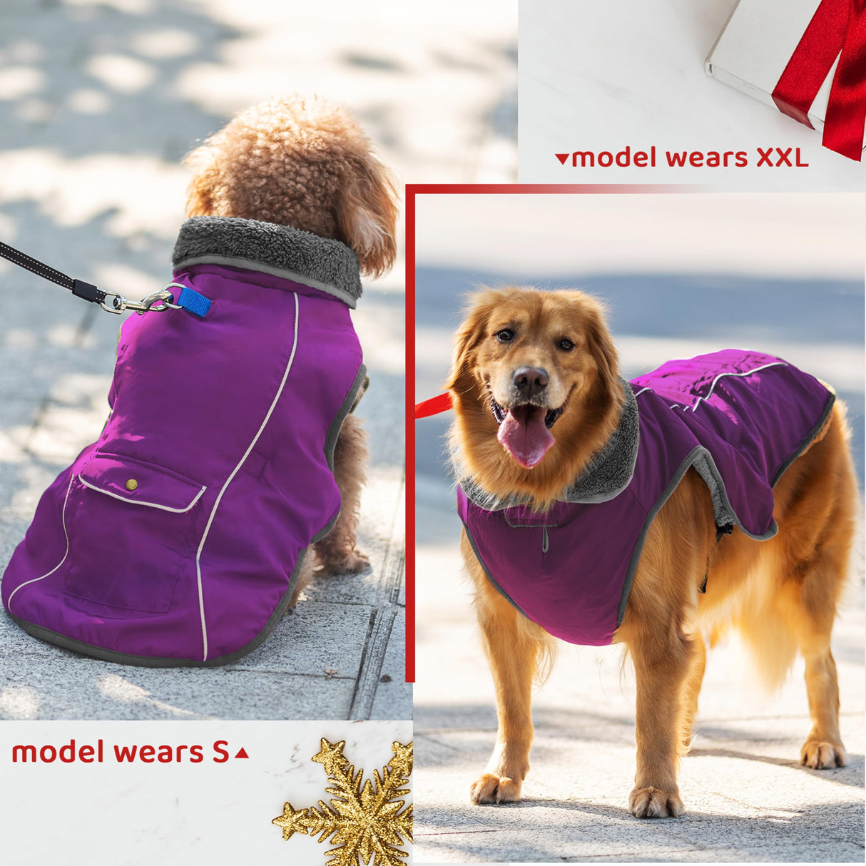 MOTZABO Dog Winter Coat - Warm Dog Clothes for Rain Snow Wind Cold Weather - Reflective Purple Adjustable Windproof Pet Vest Jacket with Leash Hole for Small Medium Large Dogs Indoor Outdoor